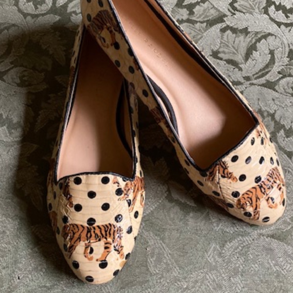 Loeffler Randall Beige Polka Dot Tiger Print Flats